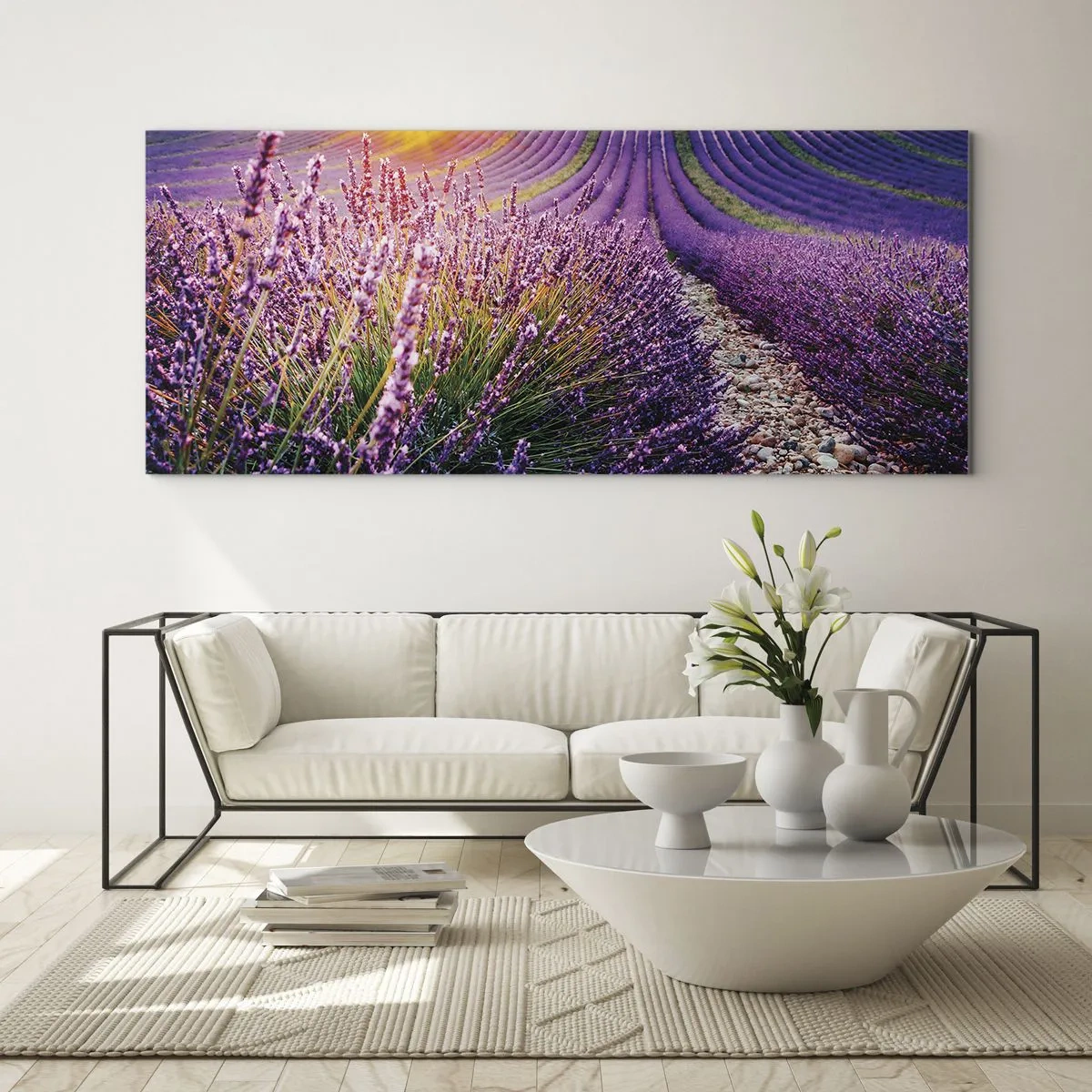Obraz na szkle - Pole lawendy o zachodzie słońca - 120x50cm - Pachnący łan - Nowoczesna dekoracja ścienna do salonu i sypialni ARTTOR