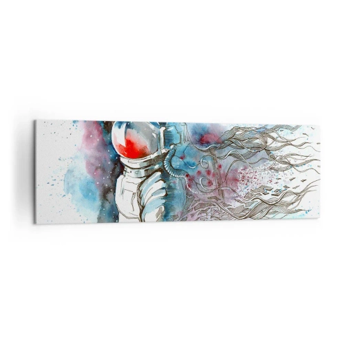Obraz na płótnie - Kosmonauta w dynamicznej akwareli z kosmicznymi detalami - 160x50cm - Sam na sam z kosmosem - Nowoczesna dekoracja ścienna do salonu i sypialni ARTTOR