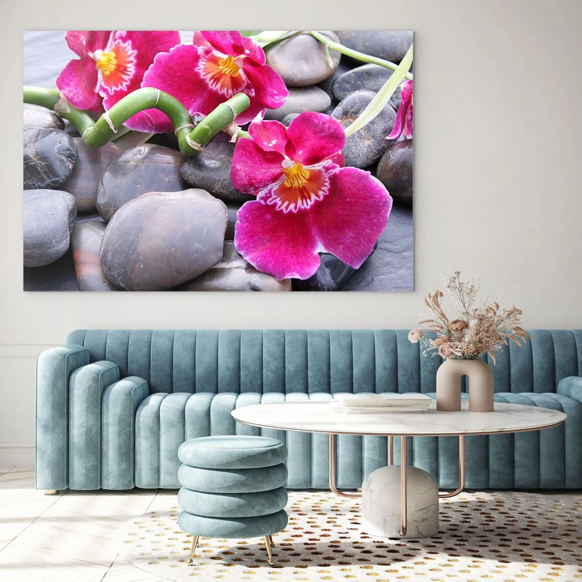 Obraz na szkle - Różowe orchidee z bambusem na kamieniach - 70x50cm - Chłód i żar - Nowoczesna dekoracja ścienna do salonu i sypialni ARTTOR