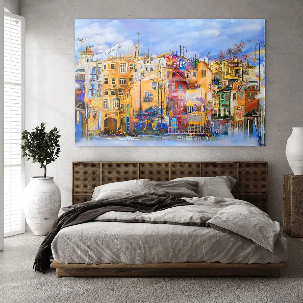 Obraz na szkle - Kolorowe kamienice w artystycznej scenerii miejskiej - 70x50cm - Jesteśmy razem - Nowoczesna dekoracja ścienna do salonu i sypialni ARTTOR