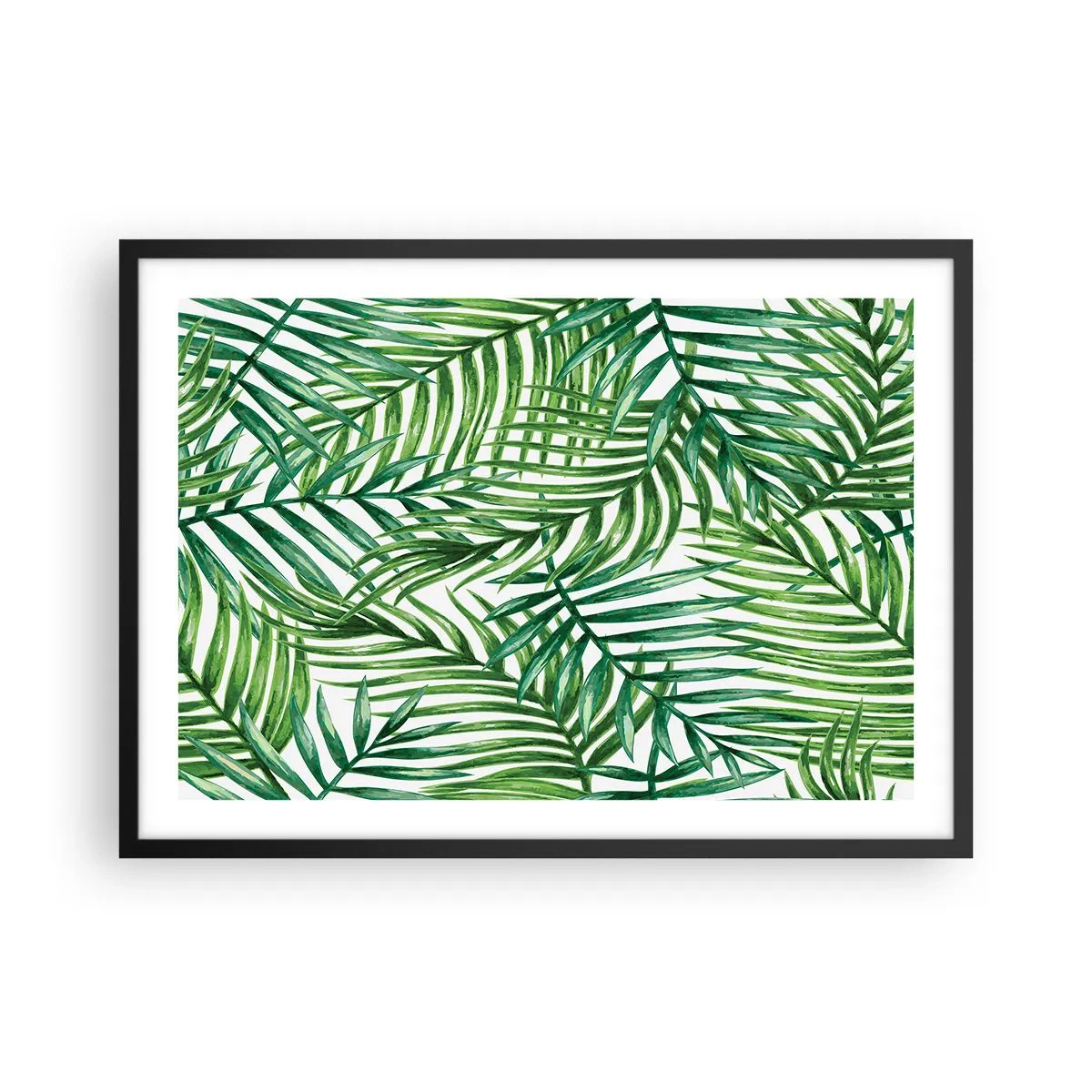 Plakat w czarnej ramie - Zielone liście tropikalnych palm na jasnym tle - 70x50cm - Pod zielonym baldachimem - Nowoczesna dekoracja ścienna do salonu i sypialni ARTTOR