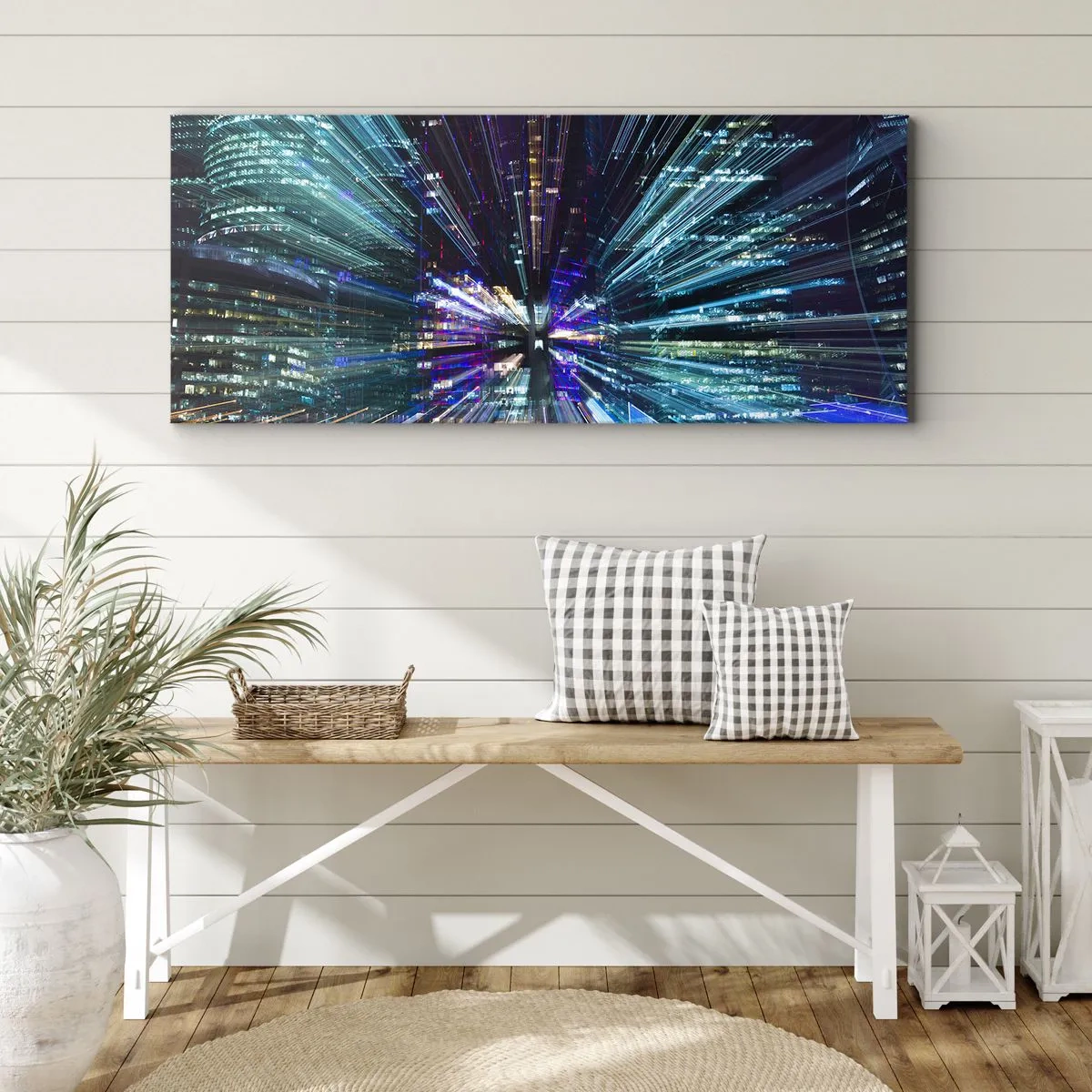 Obraz na płótnie - Dynamiczny widok miasta nocą z efektem świetlnym - 160x50cm - Przejście w nadprzestrzeń - Nowoczesna dekoracja ścienna do salonu i sypialni ARTTOR