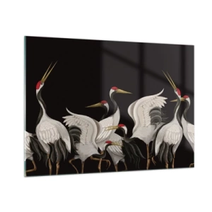 Obraz na szkle - Białe żurawie z czerwonymi głowami na czarnym tle - 100x70cm - Ptasie sprawy - Nowoczesna dekoracja ścienna do salonu, kuchni i sypialni ARTTOR