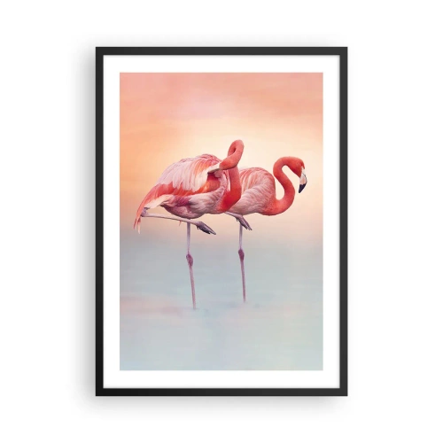 Plakat w czarnej ramie - Flamingi na tle pastelowego zachodu słońca - 50x70cm - W kolorze zachodzącego słońca - Nowoczesna dekoracja ścienna do salonu i sypialni ARTTOR