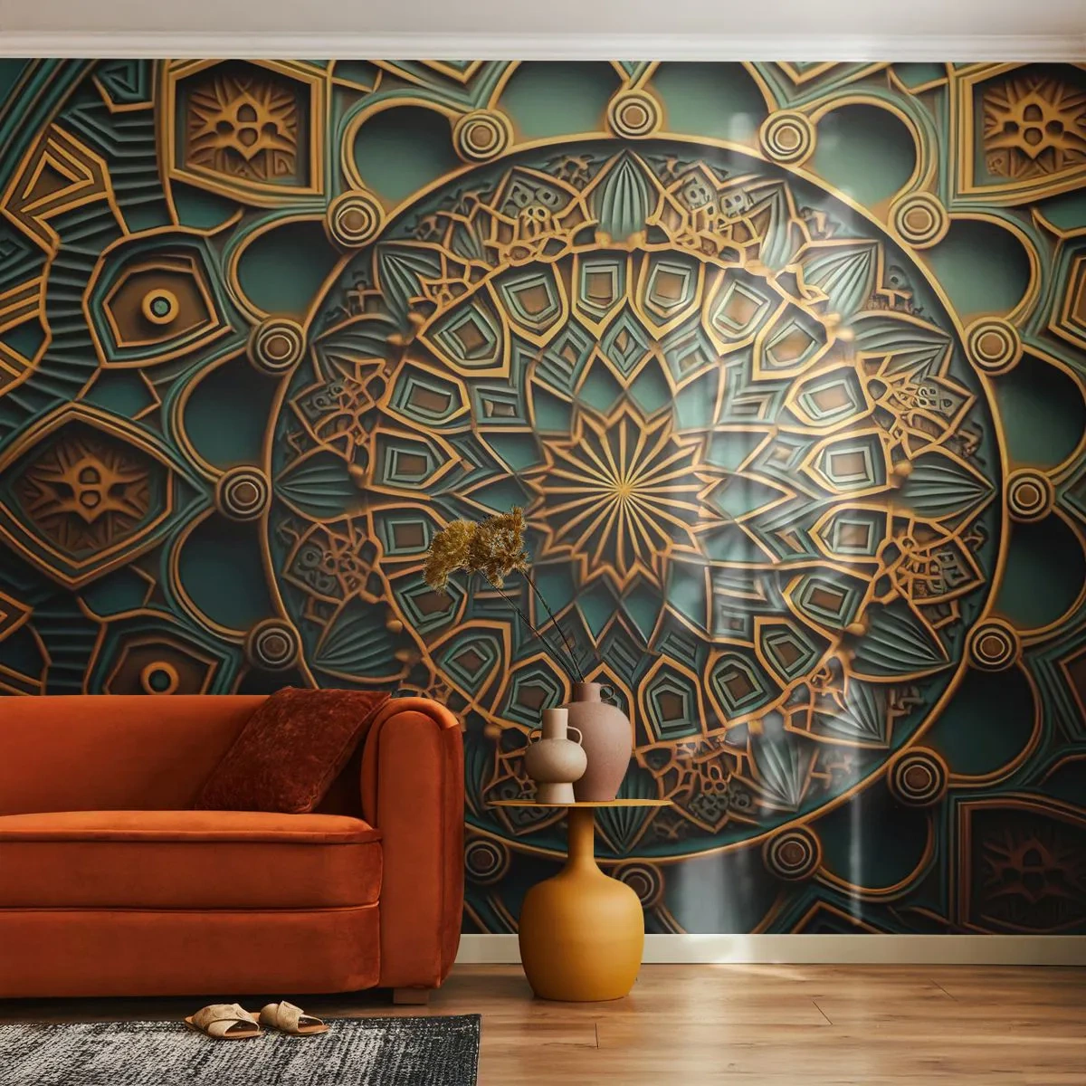 Fototapeta Premium Sand - Orientalna mandala w złoto-szmaragdowej kolorystyce - 100x70cm - W arabskim klimacie - Nowoczesna dekoracja ścienna do salonu, kuchni i sypialni ARTTOR