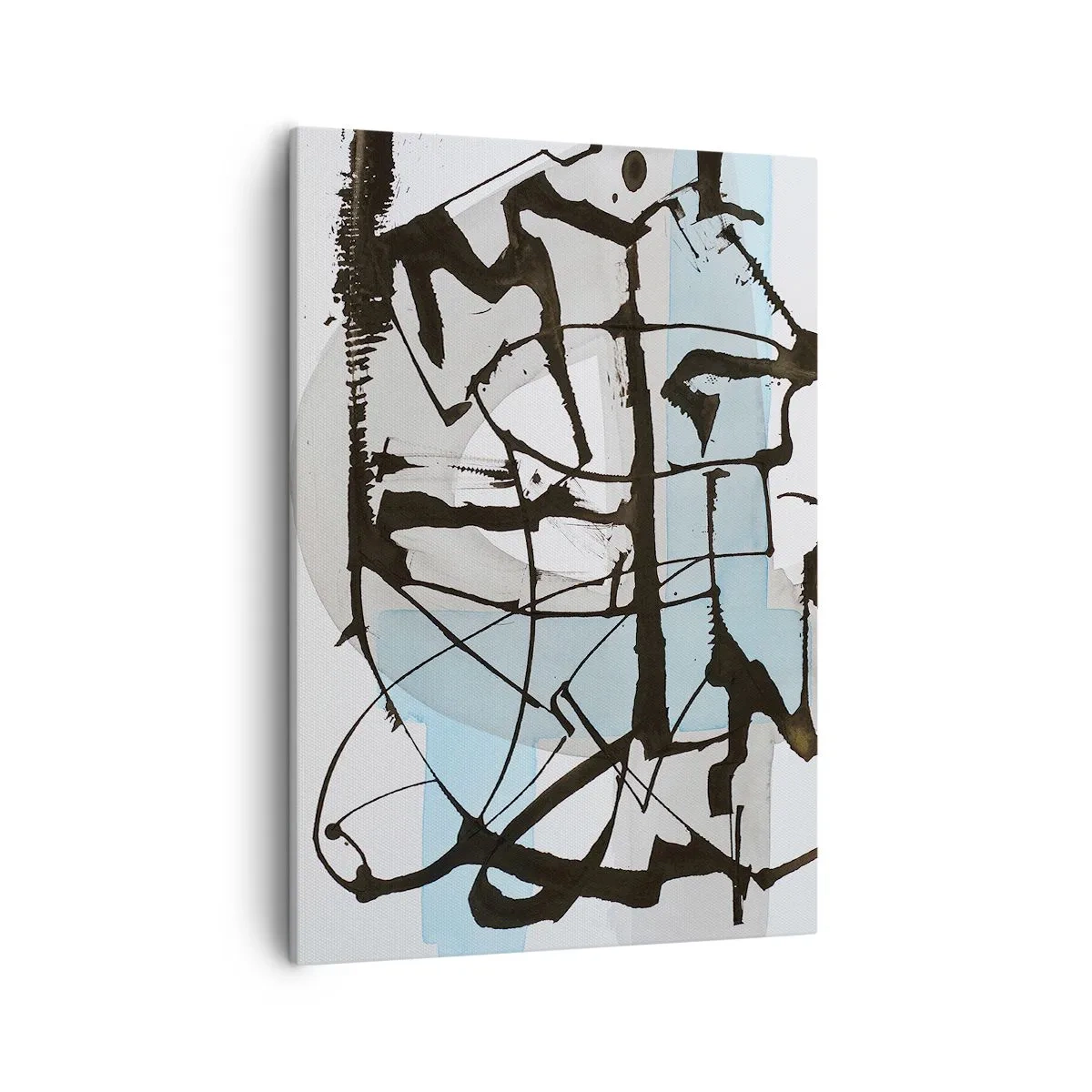 Obraz na płótnie - Abstrakcyjna kompozycja czarnych linii i błękitnych akcentów na białym tle - 50x70cm - Mimo wszystko błękitny - Nowoczesna dekoracja ścienna do salonu, kuchni i sypialni ARTTOR