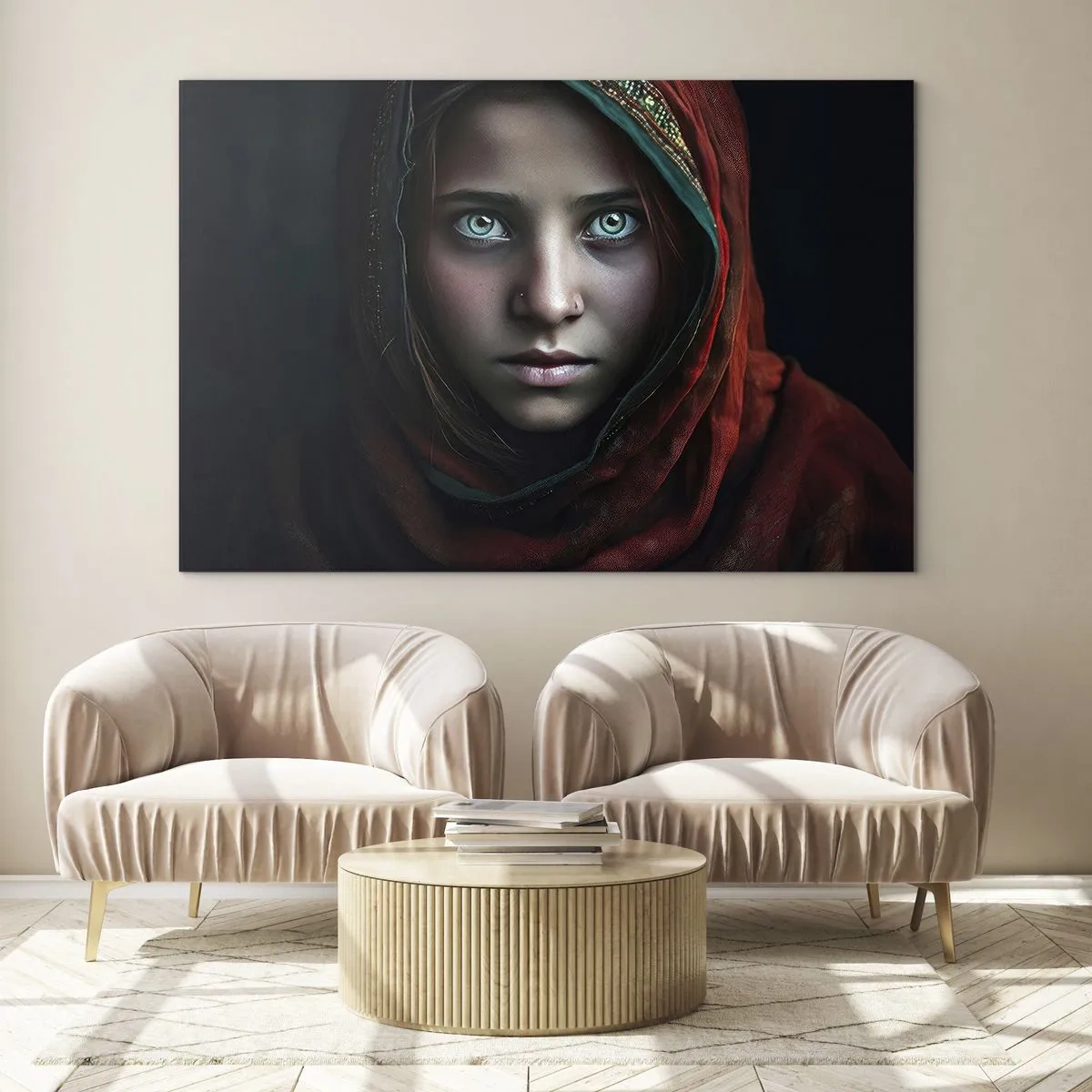 Obraz na szkle - Portret kobiety w czerwonej chuście na ciemnym tle - 70x50cm - Wschodnia księżniczka - Nowoczesna dekoracja ścienna do salonu i sypialni ARTTOR
