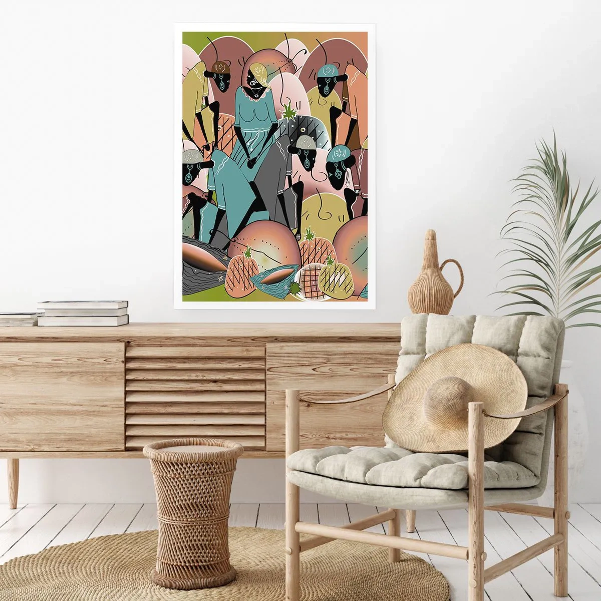 Plakat - Stylizowana kompozycja afrykańskich postaci z owocami w pastelowych kolorach - 50x70cm - Nadchodzi wielkie święto - Nowoczesna dekoracja ścienna do salonu, kuchni i sypialni ARTTOR