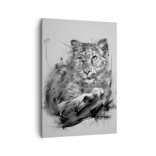 Obraz na płótnie - Czarno-biały portret lwa w artystycznym, szkicowym stylu - 50x70cm - Tak, słucham uważnie - Nowoczesna dekoracja ścienna do salonu, kuchni i sypialni ARTTOR