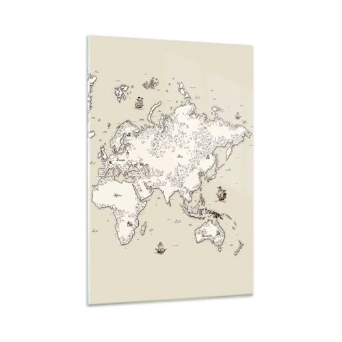 Obraz na szkle - Stylizowana mapa świata w odcieniach beżu i brązu - 80x120cm - Podróż dookoła świata - Nowoczesna dekoracja ścienna do salonu i sypialni ARTTOR