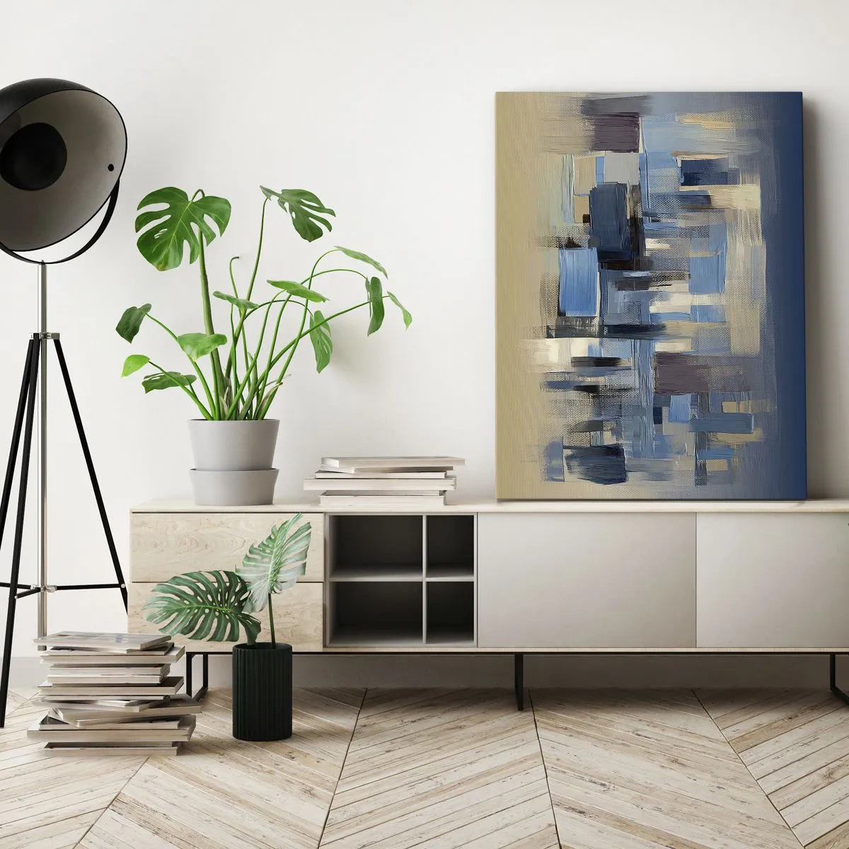 Obraz na płótnie - Abstrakcyjna kompozycja geometrycznych kształtów w odcieniach błękitu i beżu. - 50x70cm - Błękitna konstrukcja - Nowoczesna dekoracja ścienna do salonu, kuchni i sypialni ARTTOR