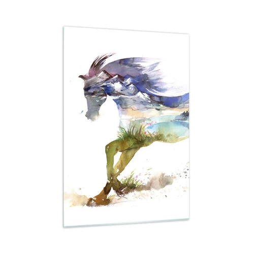 Obraz na szkle - Akwarela konia z krajobrazem górskim w sylwetce - 50x70cm - Z łąki wprost do nieba - Nowoczesna dekoracja ścienna do salonu, kuchni i sypialni ARTTOR