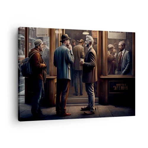 Obraz na płótnie - Scena uliczna z ludźmi przed kawiarnią w stylu retro - 70x50cm - Dobra chwila dnia - Nowoczesna dekoracja ścienna do salonu i sypialni ARTTOR