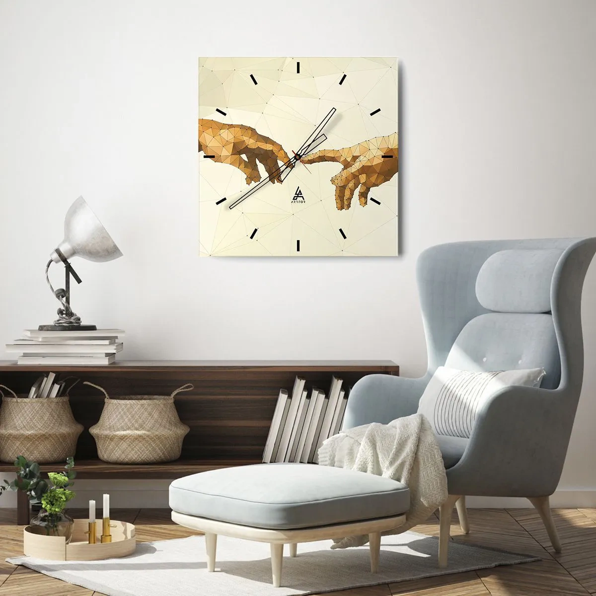 Zegar ścienny - Geometryczne dłonie wyciągające się ku sobie na jasnym tle - 30x30cm - Boska geometria - Nowoczesna dekoracja ścienna do salonu i sypialni ARTTOR