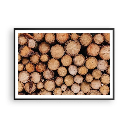 Plakat w czarnej ramie - Stosy ściętych pni drzew ułożone w harmonii - 100x70cm - Nowy początek - Nowoczesna dekoracja ścienna do salonu i sypialni ARTTOR