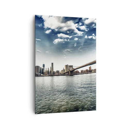Obraz na płótnie - Panorama miasta z mostem na tle błękitnego nieba - 70x100cm - Szklana wyspa - Nowoczesna dekoracja ścienna do salonu i sypialni ARTTOR