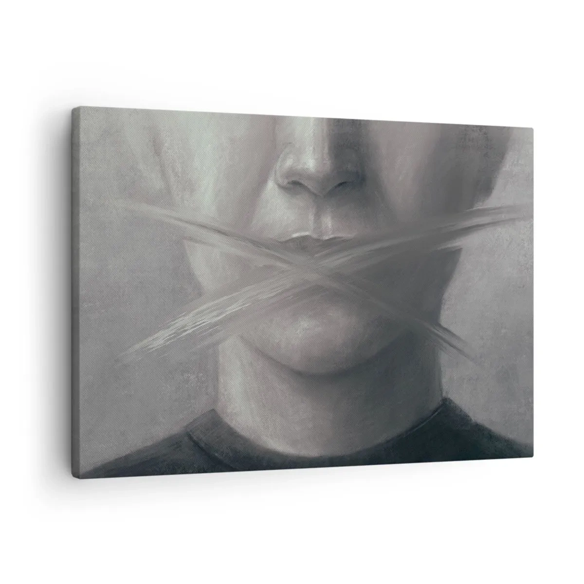 Obraz na płótnie - Symboliczny portret z zamazanymi ustami w szarej tonacji - 70x50cm - Ani słowa - Nowoczesna dekoracja ścienna do salonu i sypialni ARTTOR