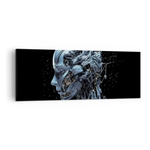 Obraz na płótnie - Futurystyczny portret cyborga w industrialnym stylu na czarnym tle - 140x50cm - Technologia jest kobietą - Nowoczesna dekoracja ścienna do salonu i sypialni ARTTOR