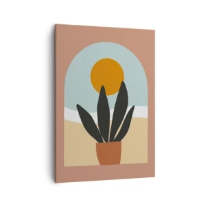 Obraz na płótnie - Minimalistyczna grafika doniczkowej rośliny na tle łuku z słońcem - 50x70cm - Drobne radości - Nowoczesna dekoracja ścienna do salonu, kuchni i sypialni ARTTOR