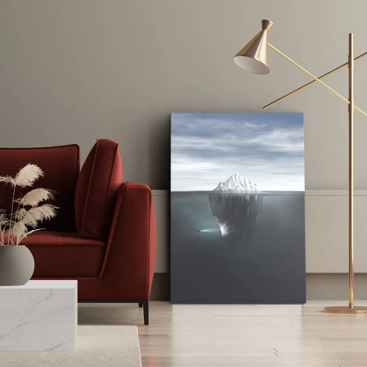 Obraz na płótnie - Góra lodowa z widoczną podwodną częścią, symbolizująca głębię - 50x70cm - Podwodna tajemnica - Nowoczesna dekoracja ścienna do salonu, kuchni i sypialni ARTTOR