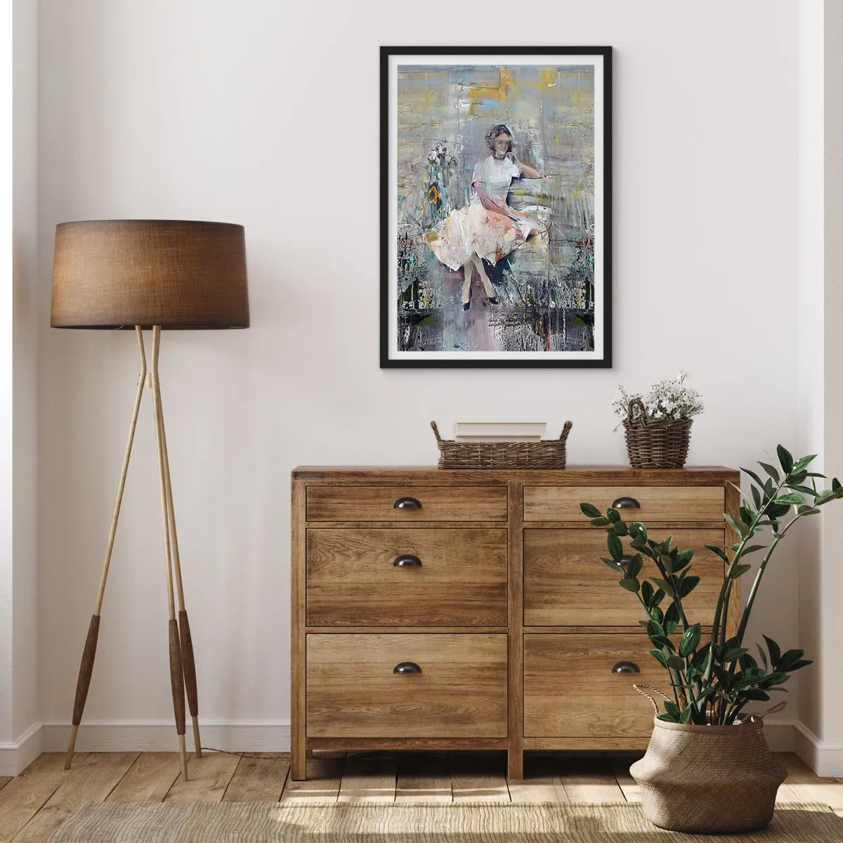 Plakat w czarnej ramie - Abstrakcyjna postać kobiety w sukni na tle tekstur - 50x70cm - Klasyczna i nowoczesna - Nowoczesna dekoracja ścienna do salonu i sypialni ARTTOR