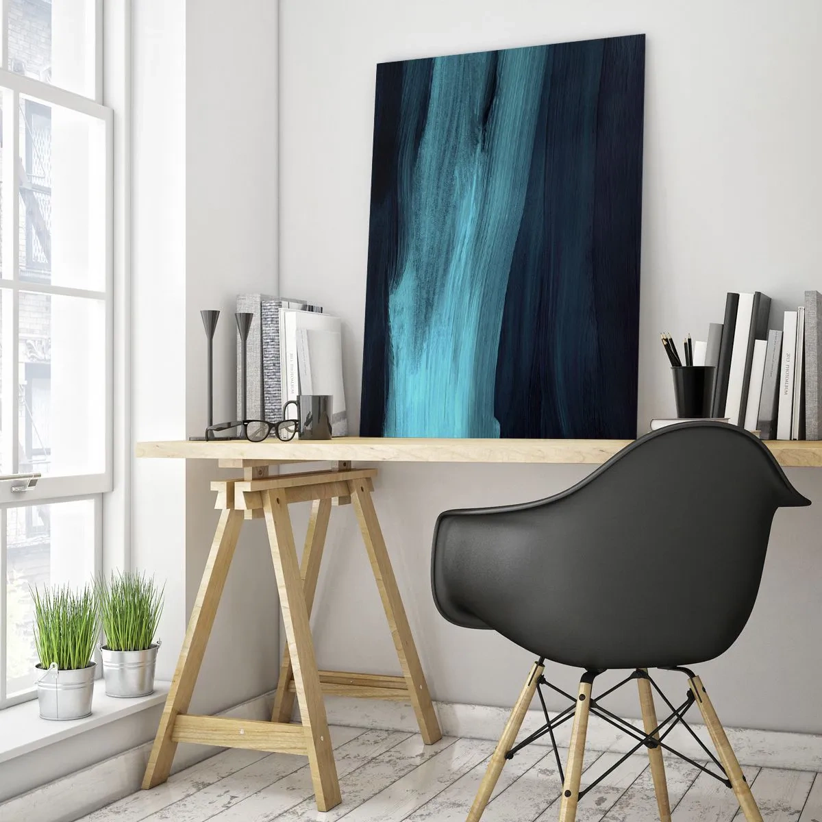 Obraz na szkle - Subtelne abstrakcyjne fale w ciemnych odcieniach błękitu - 80x120cm - Popłyń z nurtem - Nowoczesna dekoracja ścienna do salonu i sypialni ARTTOR