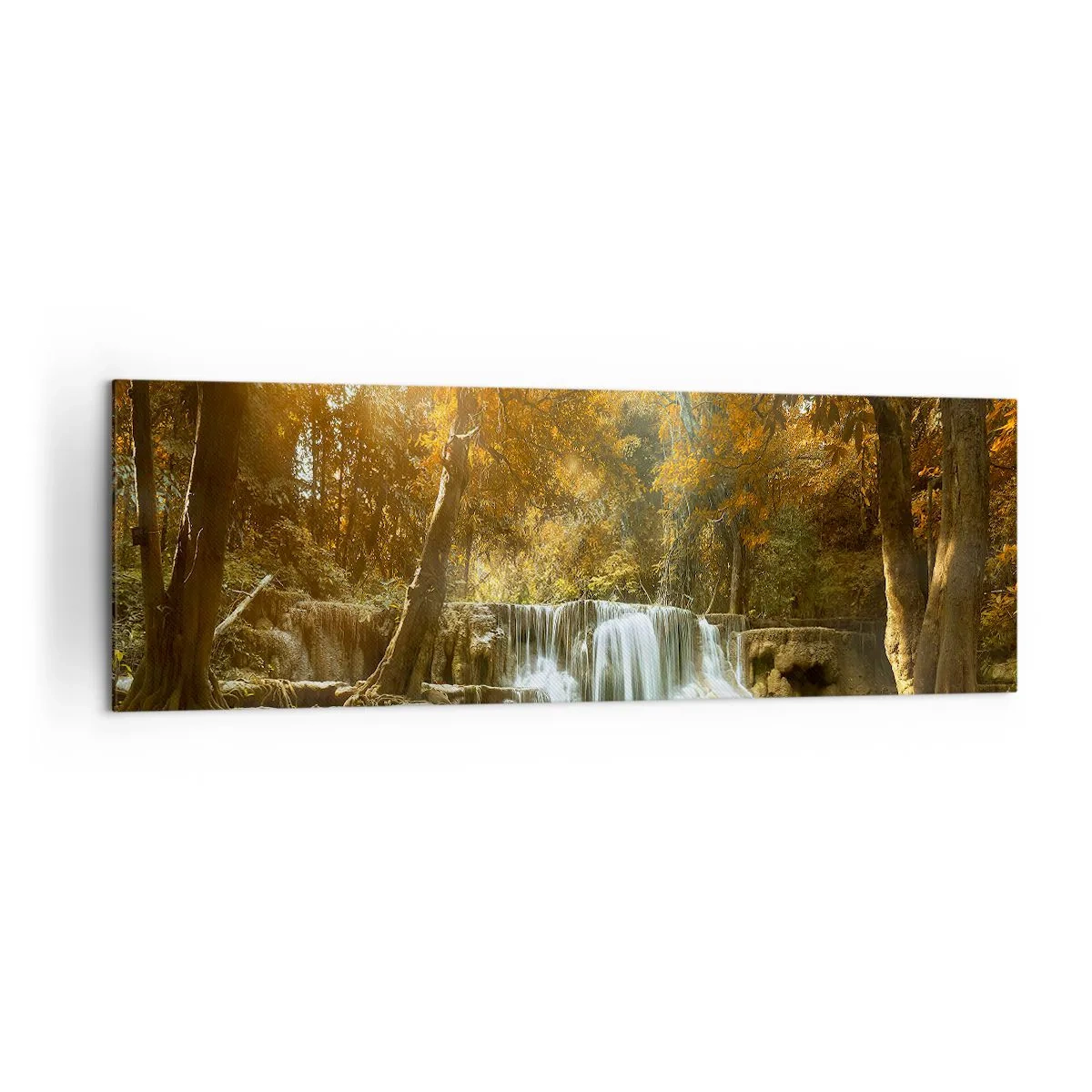 Obraz na płótnie - Jesienny krajobraz z wodospadem - 160x50cm - Parkowa kaskada - Nowoczesna dekoracja ścienna do salonu i sypialni ARTTOR