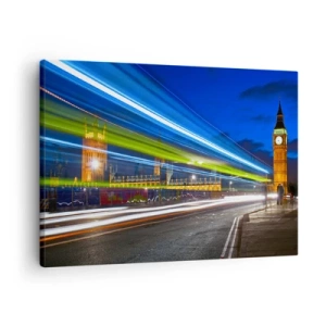 Obraz na płótnie - Big Ben nocą z efektem świateł w ruchu na ulicy - 70x50cm - Pod okiem Big Bena - Nowoczesna dekoracja ścienna do salonu i sypialni ARTTOR