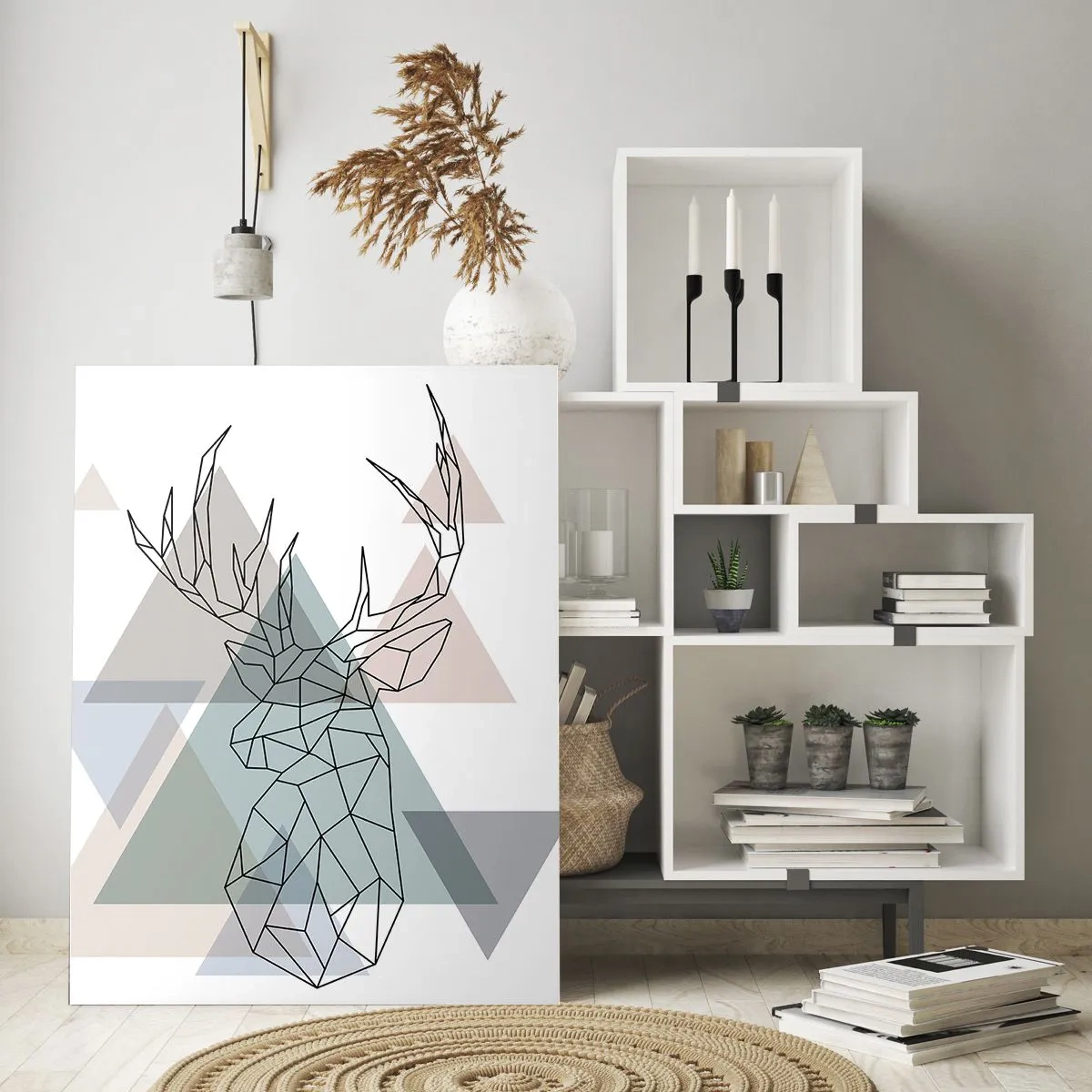 Obraz na szkle - Geometryczny rysunek jelenia na tle pastelowych trójkątów - 50x70cm - W geometrycznym lesie - Nowoczesna dekoracja ścienna do salonu, kuchni i sypialni ARTTOR
