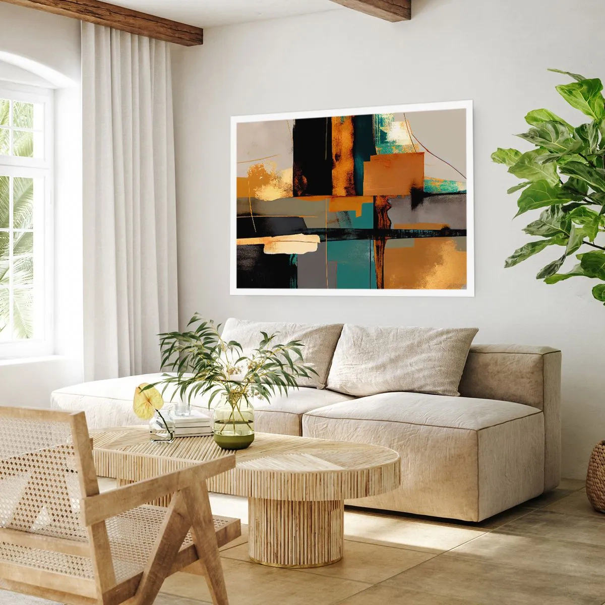 Plakat - Abstrakcyjna kompozycja z elementami złota i turkusu - 100x70cm - Abstrakcja – światło i cień - Nowoczesna dekoracja ścienna do salonu i sypialni ARTTOR