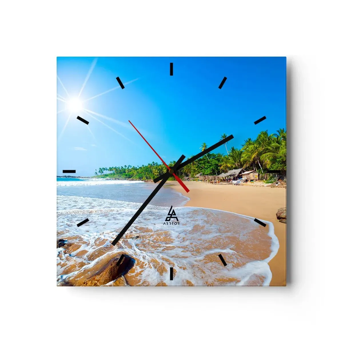 Zegar ścienny - Tropikalna plaża z palmami i błękitnym niebem - 30x30cm - Egzotyczne miejsce dla ciebie - Nowoczesna dekoracja ścienna do salonu i sypialni ARTTOR