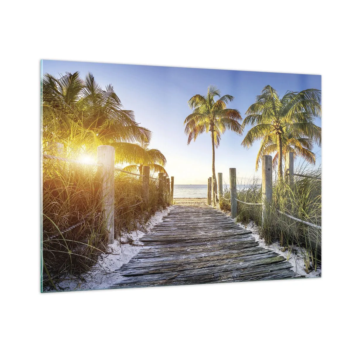 Obraz na szkle - Drewniana ścieżka na plaży w otoczeniu palm - 100x70cm - Prosto do raju - Nowoczesna dekoracja ścienna do salonu, kuchni i sypialni ARTTOR