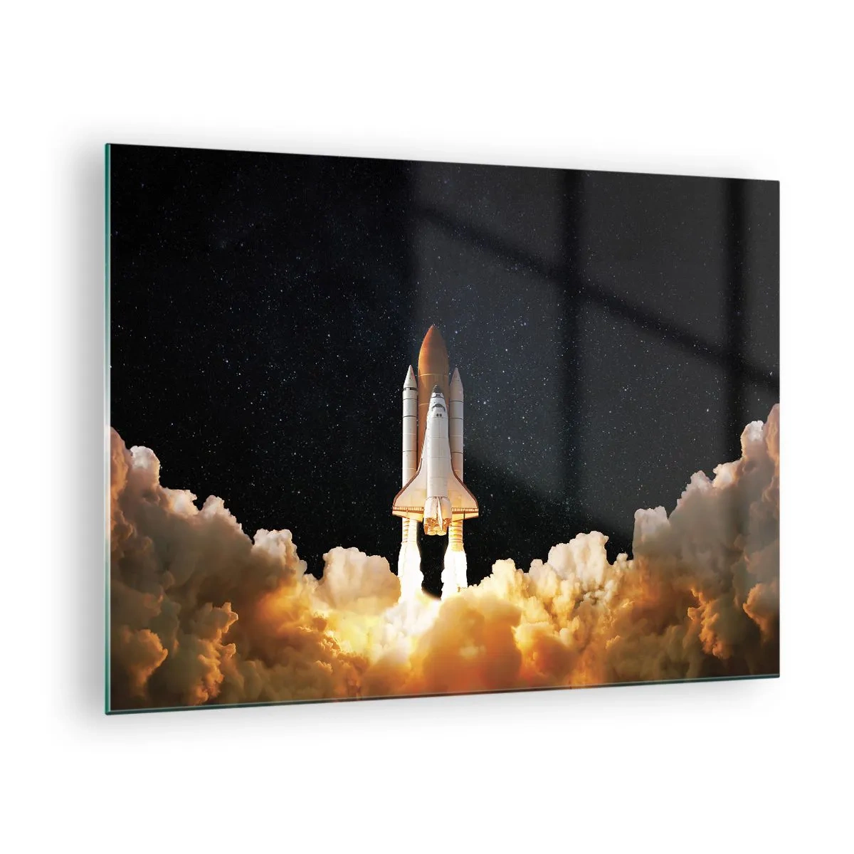 Obraz na szkle - Startujący prom kosmiczny na tle gwiaździstego nieba - 70x50cm - Ad astra! - Nowoczesna dekoracja ścienna do salonu i sypialni ARTTOR