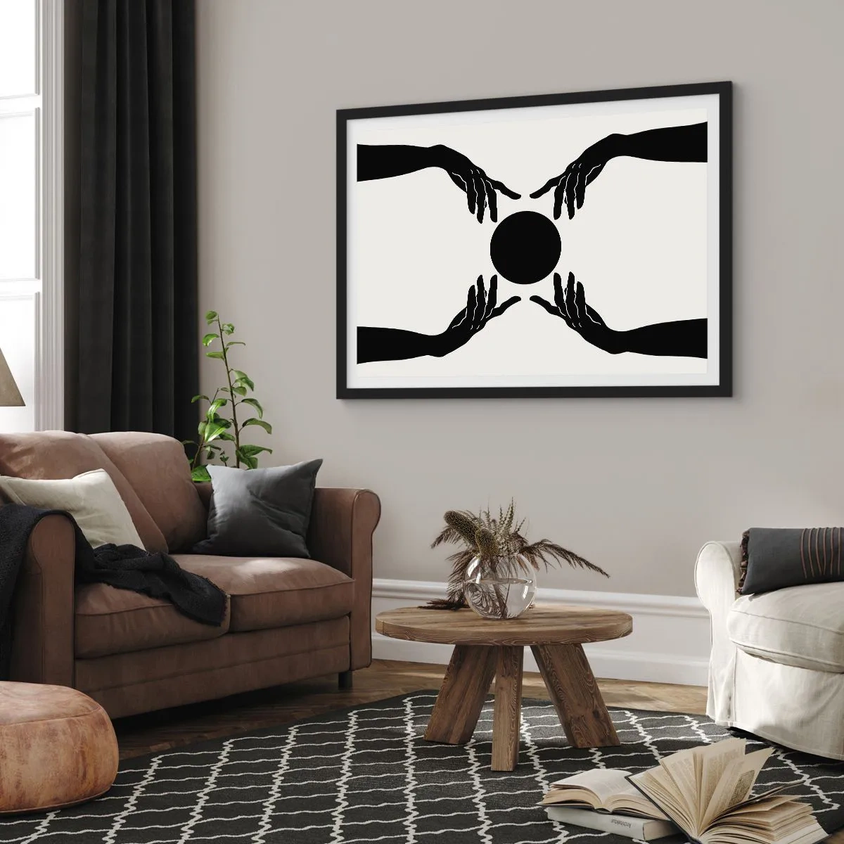 Plakat w czarnej ramie - Czarne dłonie w symetrycznej kompozycji z kulą - 70x50cm - Tajemny znak - Nowoczesna dekoracja ścienna do salonu i sypialni ARTTOR