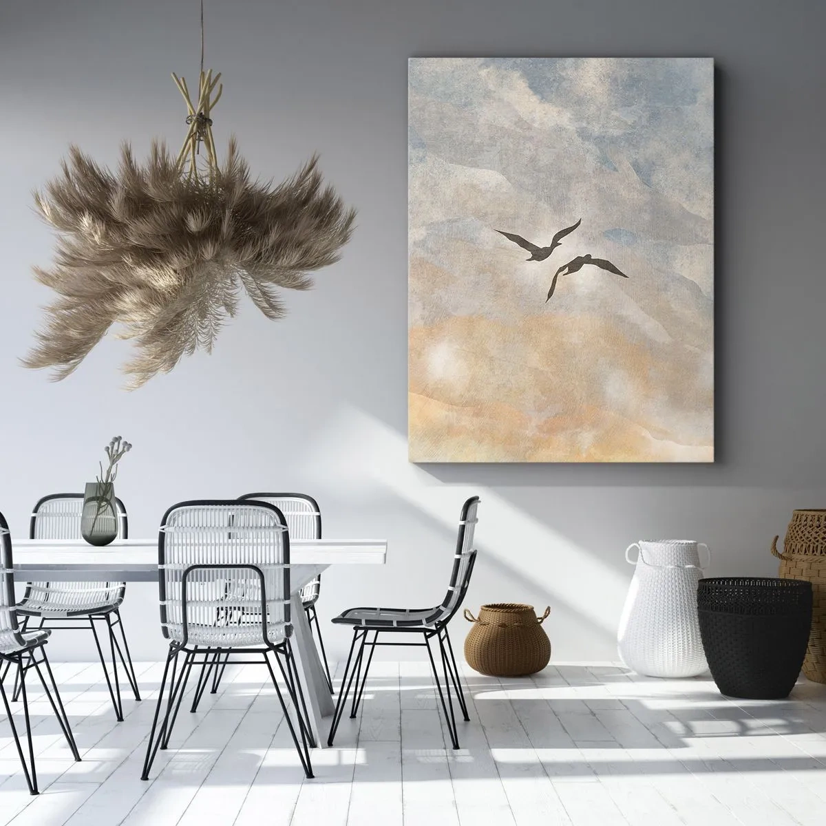 Obraz na płótnie - Dwa lecące ptaki na tle pastelowego nieba - 50x70cm - Podniebny taniec - Nowoczesna dekoracja ścienna do salonu, kuchni i sypialni ARTTOR