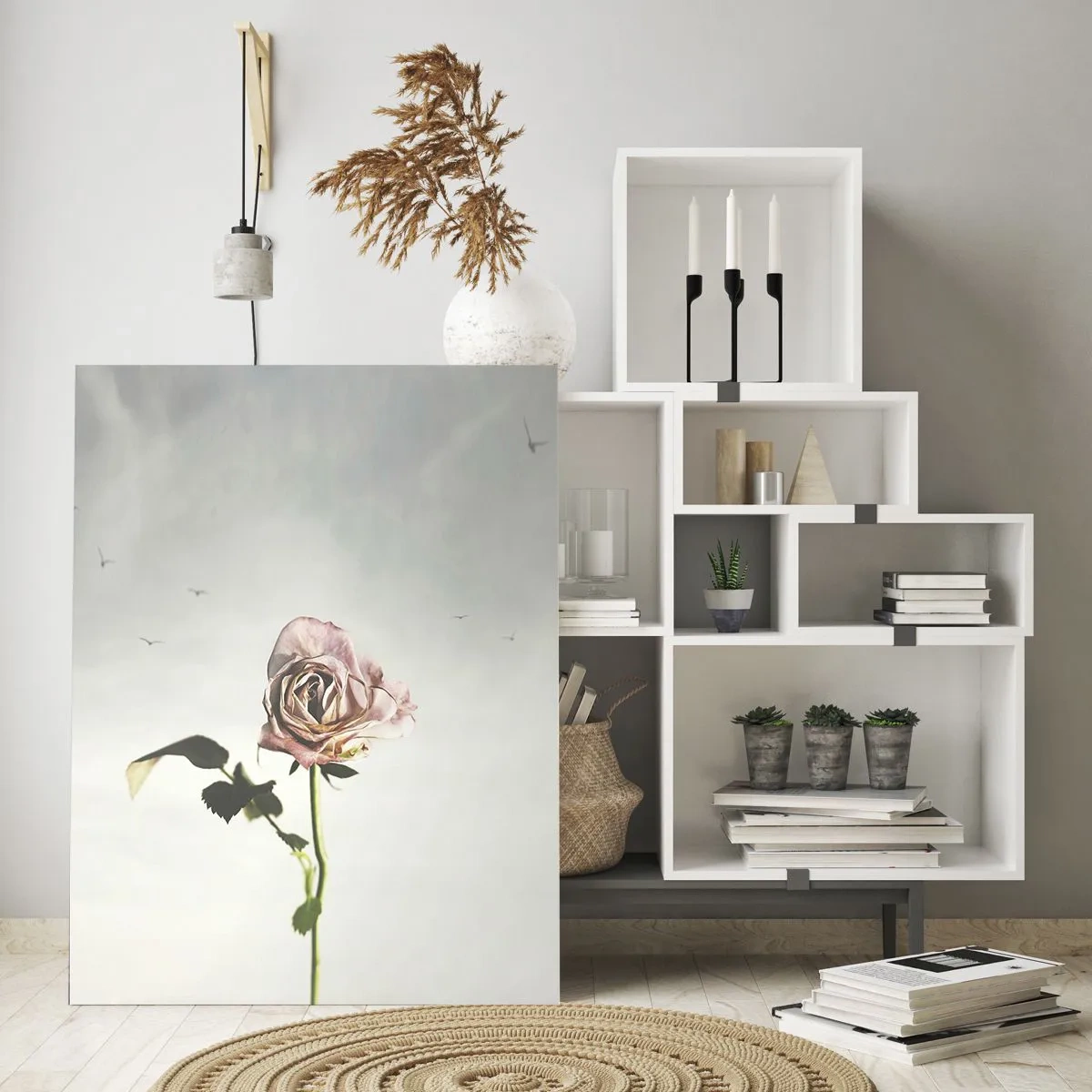 Obraz na szkle - Delikatna róża na tle nieba z lecącymi ptakami - 50x70cm - Powitanie wiosny - Nowoczesna dekoracja ścienna do salonu, kuchni i sypialni ARTTOR