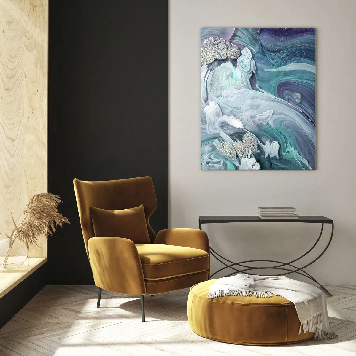 Obraz na szkle - Abstrakcyjna kompozycja w odcieniach błękitu, fioletu i bieli - 50x70cm - Nurty błękitu - Nowoczesna dekoracja ścienna do salonu, kuchni i sypialni ARTTOR