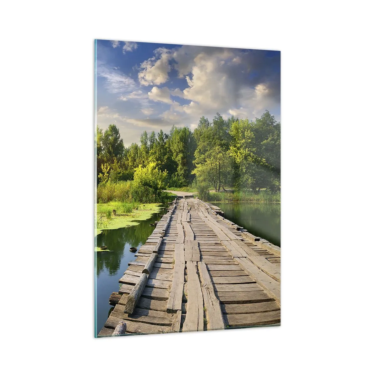 Obraz na szkle - Drewniany pomost nad jeziorem z łabędziem o zachodzie słońca - 50x70cm - Lato, lato wszędzie - Nowoczesna dekoracja ścienna do salonu, kuchni i sypialni ARTTOR
