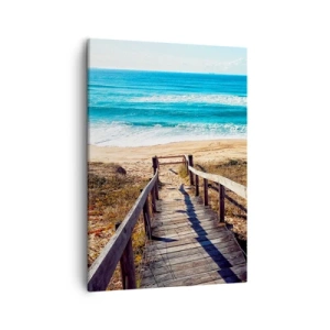 Obraz na płótnie - Drewniana ścieżka prowadząca na plażę z turkusowym morzem w tle - 50x70cm - Biegnij! - Nowoczesna dekoracja ścienna do salonu, kuchni i sypialni ARTTOR