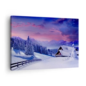 Obraz na płótnie - Zimowy krajobraz z domkami w górach o zachodzie słońca - 70x50cm - Cicha noc - Nowoczesna dekoracja ścienna do salonu i sypialni ARTTOR