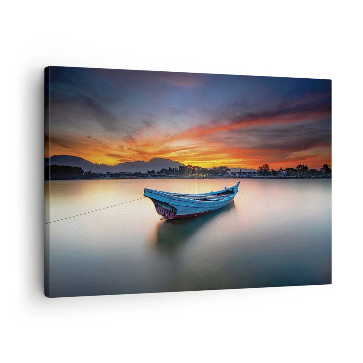 Obraz na płótnie - Łódź na wodzie podczas malowniczego zachodu słońca - 70x50cm - Nadchodzi dobra noc - Nowoczesna dekoracja ścienna do salonu i sypialni ARTTOR
