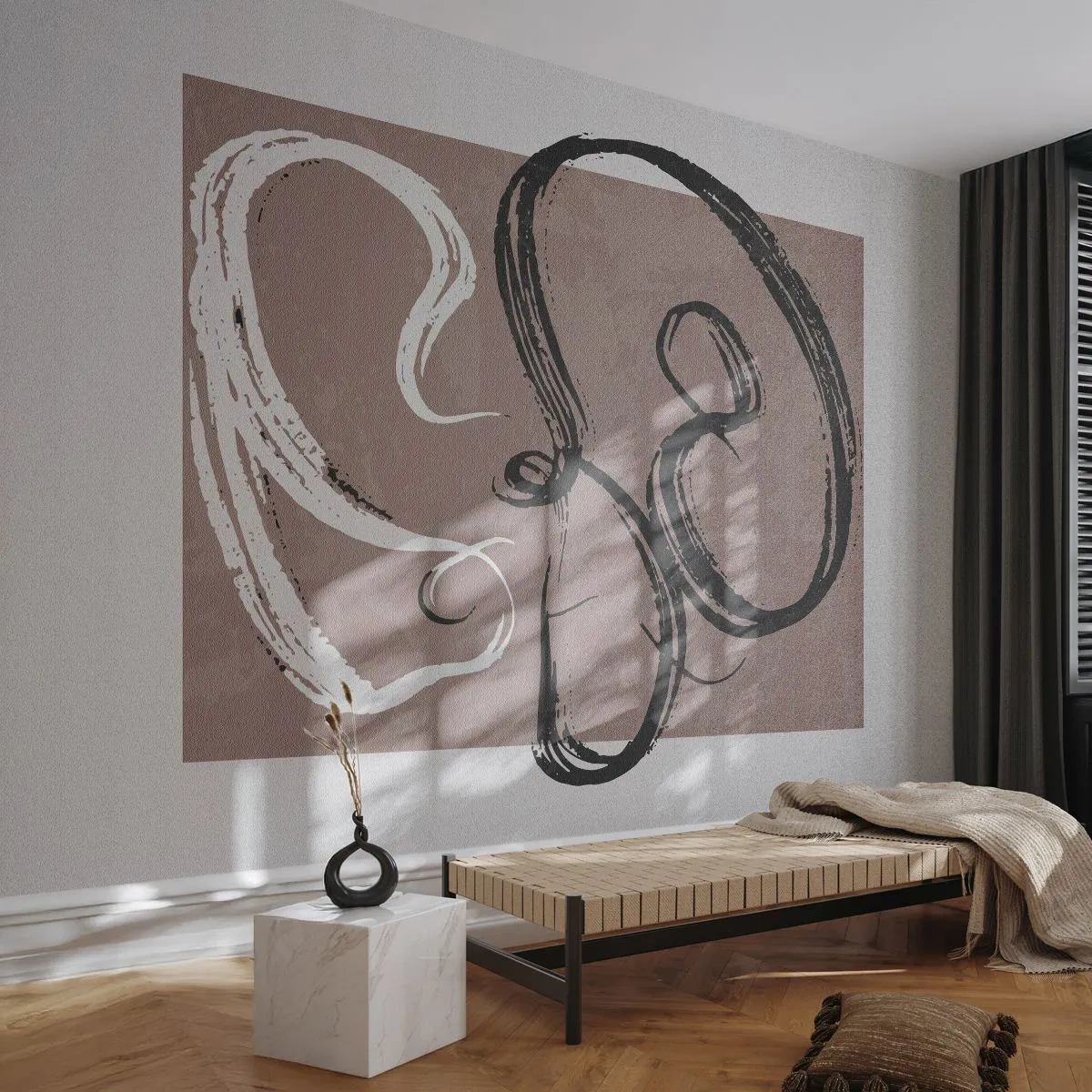 Fototapeta Premium Canvas - Czarno-biała abstrakcja na beżowym tle - 100x70cm - Kompozycja – poszukiwanie pełni - Nowoczesna dekoracja ścienna do salonu i sypialni ARTTOR
