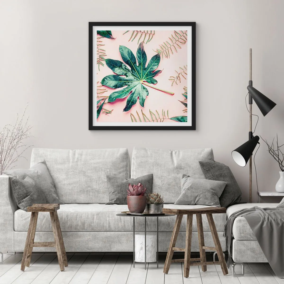 Plakat w czarnej ramie - Studium zieleni na różowym tle - 60x60 cm
