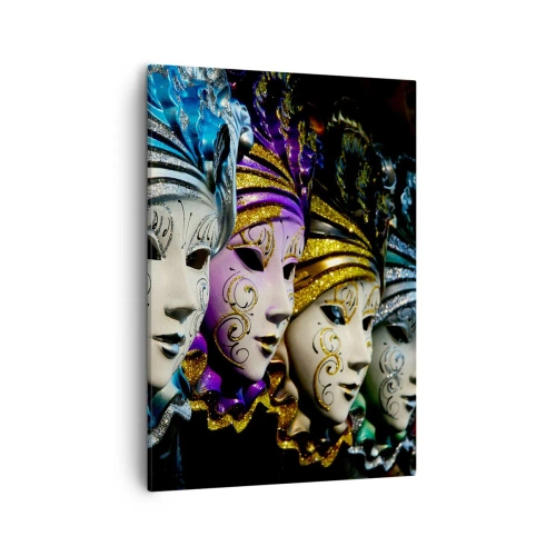 Obraz na płótnie - Weneckie maski w złotych i srebrnych barwach - 50x70cm - Tajemnica w złocie i w srebrze - Nowoczesna dekoracja ścienna do salonu, kuchni i sypialni ARTTOR