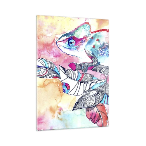 Obraz na szkle - Kolorowy chameleon wśród liści w stylu akwarelowym - 50x70cm - Kolorowy jak nasz świat - Nowoczesna dekoracja ścienna do salonu, kuchni i sypialni ARTTOR