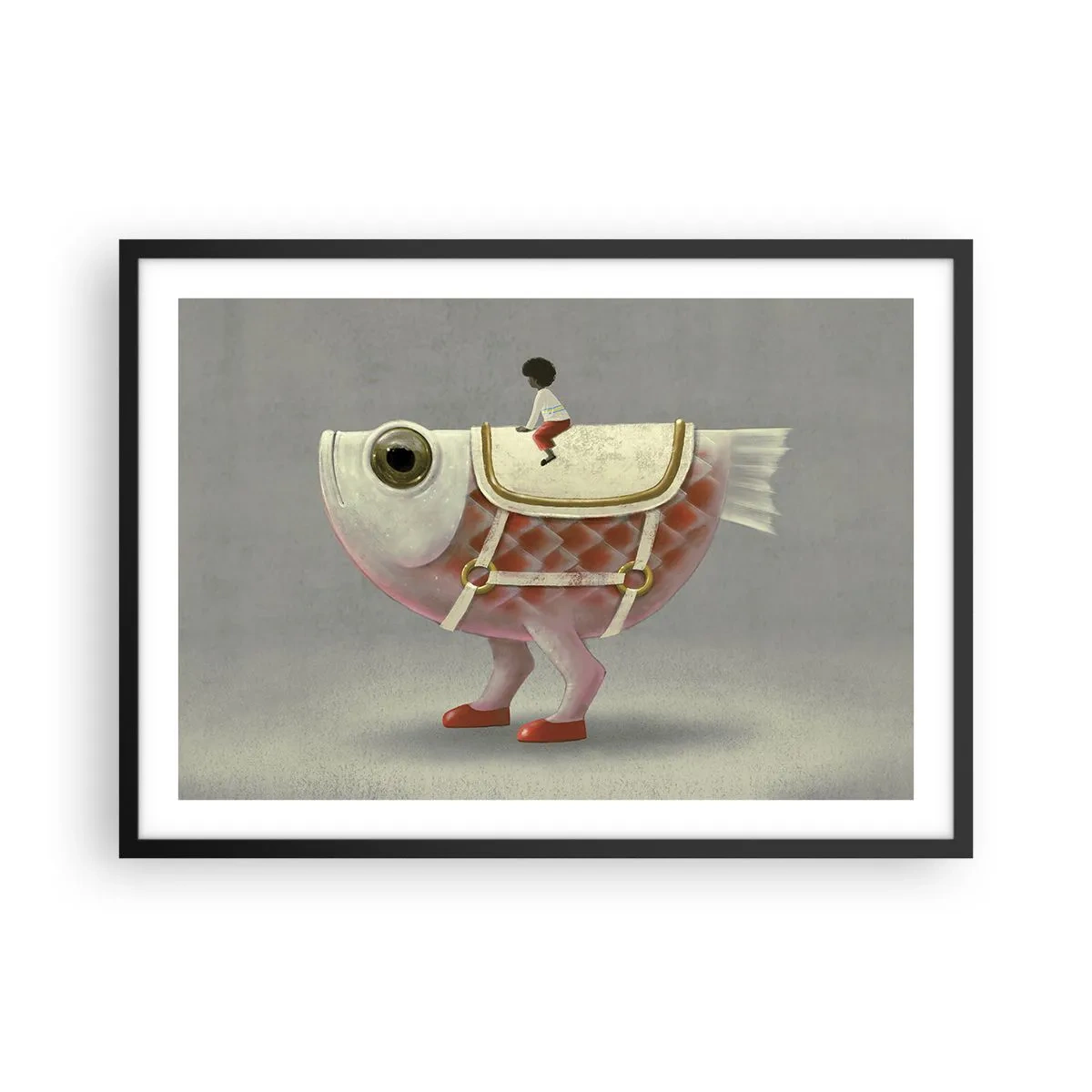 Plakat w czarnej ramie - Fantazyjny jeździec na rybie z nogami i siodłem - 70x50cm - Ryboński jeździec - Nowoczesna dekoracja ścienna do salonu i sypialni ARTTOR