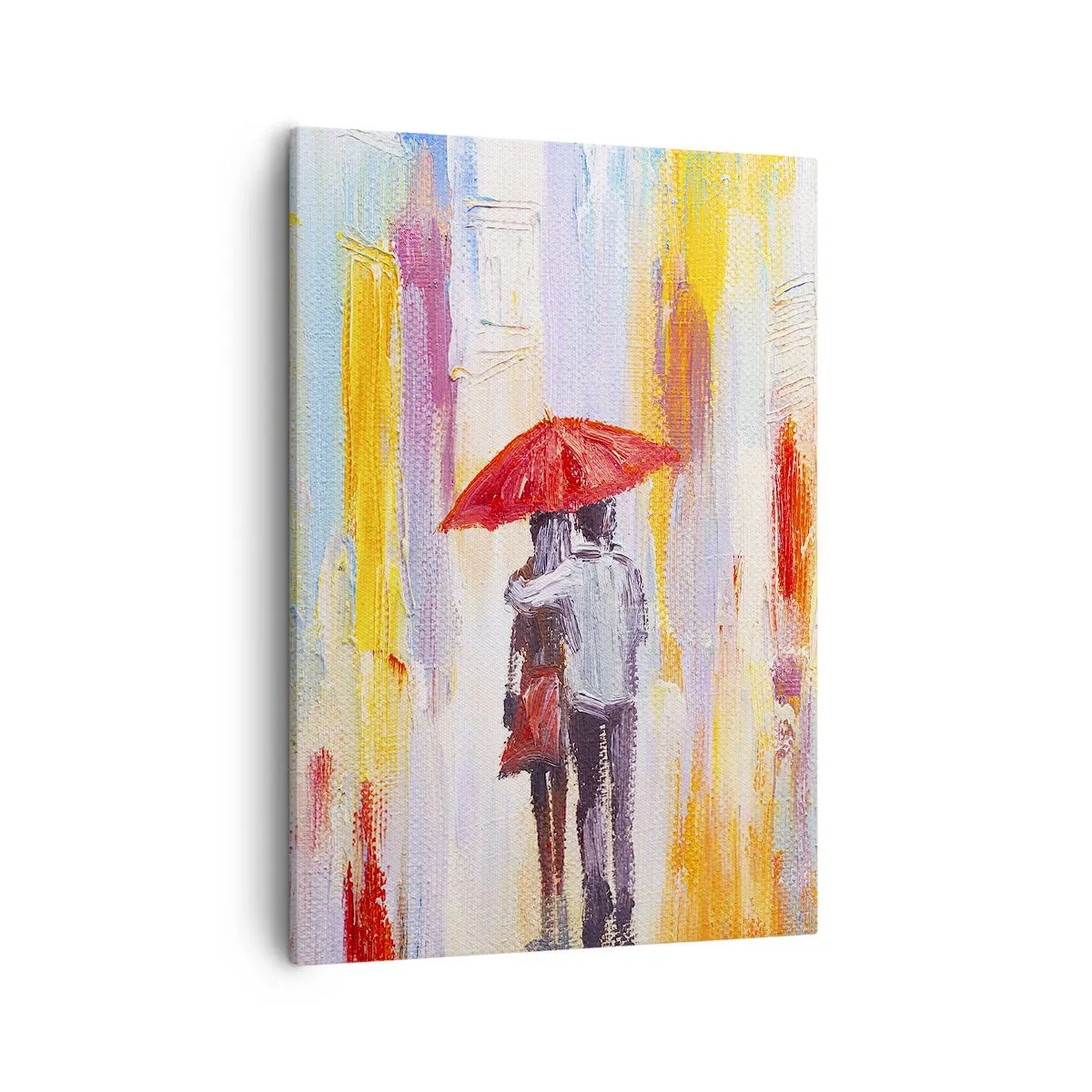 Obraz na płótnie - Niech pada dalej - Romantyczna para pod czerwonym parasolem w deszczu - 50x70cm