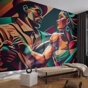 Fototapeta Premium Canvas - Stylizowana para tańcząca w żywych, geometrycznych barwach - 100x70cm - W rytmie serca - Nowoczesna dekoracja ścienna do salonu i sypialni ARTTOR