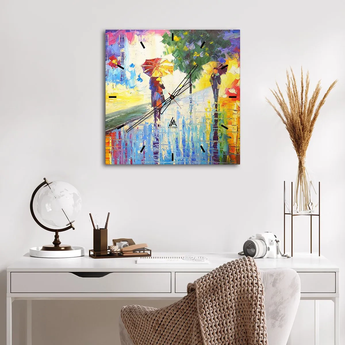 Zegar ścienny - Spacer z parasolką w kolorowym deszczowym pejzażu - 30x30cm - I wszystko jasne - Nowoczesna dekoracja ścienna do salonu i sypialni ARTTOR