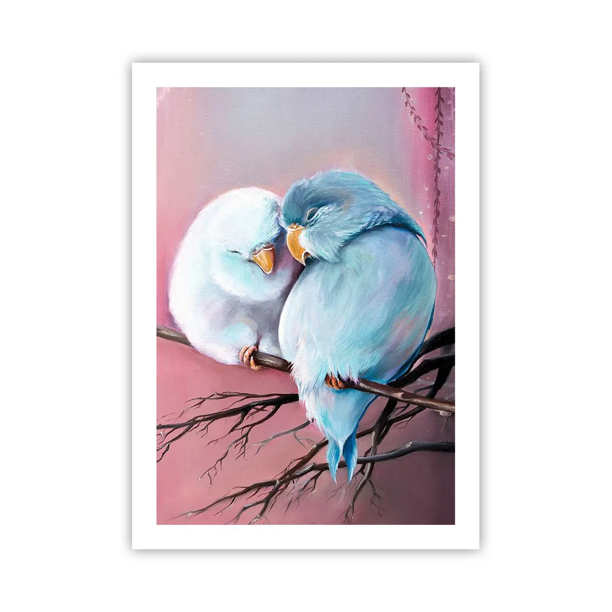 Plakat - Dwa ptaki siedzące na gałęzi w romantycznej scenerii - 50x70cm - Cóż tu dodać?… - Nowoczesna dekoracja ścienna do salonu, kuchni i sypialni ARTTOR